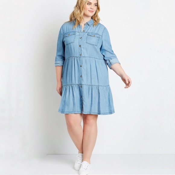 Plus Sz 0x Chambray Button Up Babydoll Dress - Picture 4 of 12